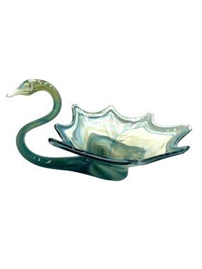Mid Century Sooner Blue Swirl Art Glass Swan Bowl Retro Boho